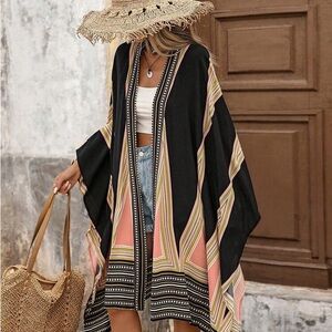 NEW Chic Black and Coral Women's Kimono / Shawl / Cover-Up, Geometric Pattern